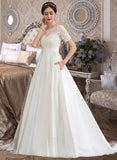 Lucia Ball-Gown/Princess Scoop Neck Court Train Satin Wedding Dress With Beading Sequins Pockets STAP0013777