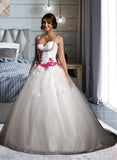 Marie Ball-Gown/Princess Sweetheart Chapel Train Tulle Wedding Dress With Ruffle Appliques Lace Bow(s) STAP0013780