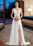 Madyson A-Line V-neck Sweep Train Chiffon Wedding Dress With Split Front STAP0013782