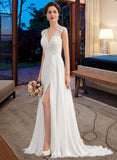 Madyson A-Line V-neck Sweep Train Chiffon Wedding Dress With Split Front STAP0013782