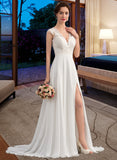 Madyson A-Line V-neck Sweep Train Chiffon Wedding Dress With Split Front STAP0013782