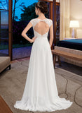 Madyson A-Line V-neck Sweep Train Chiffon Wedding Dress With Split Front STAP0013782