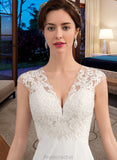 Madyson A-Line V-neck Sweep Train Chiffon Wedding Dress With Split Front STAP0013782