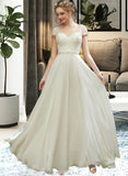 Briley A-Line V-neck Floor-Length Wedding Dress With Lace Beading Sequins STAP0013784