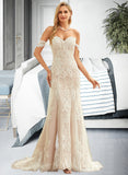 Rita Trumpet/Mermaid Off-the-Shoulder Court Train Tulle Lace Wedding Dress STAP0013789