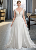 Jasmine A-Line V-neck Sweep Train Chiffon Wedding Dress With Beading Sequins STAP0013792