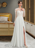 Lilyana A-Line Illusion Sweep Train Chiffon Wedding Dress With Appliques Lace Split Front STAP0013793