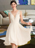 Jadyn A-Line V-neck Knee-Length Chiffon Lace Wedding Dress With Ruffle STAP0013794