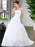 Brylee Ball-Gown/Princess Strapless Chapel Train Satin Organza Wedding Dress With Lace Beading STAP0013796