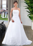 Brylee Ball-Gown/Princess Strapless Chapel Train Satin Organza Wedding Dress With Lace Beading STAP0013796