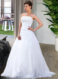 Brylee Ball-Gown/Princess Strapless Chapel Train Satin Organza Wedding Dress With Lace Beading STAP0013796