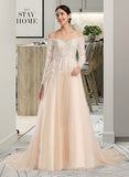 Mila Ball-Gown/Princess Illusion Chapel Train Wedding Dress With Sequins STAP0013798