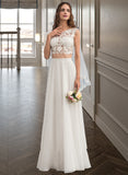 Carley A-Line Scoop Neck Floor-Length Chiffon Wedding Dress With Beading Sequins STAP0013799