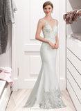 Justine Trumpet/Mermaid V-neck Court Train Stretch Crepe Wedding Dress STAP0013803