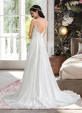 Mareli A-Line V-neck Sweep Train Chiffon Wedding Dress With Beading Sequins Split Front STAP0013806