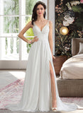 Mareli A-Line V-neck Sweep Train Chiffon Wedding Dress With Beading Sequins Split Front STAP0013806