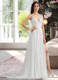 Mareli A-Line V-neck Sweep Train Chiffon Wedding Dress With Beading Sequins Split Front STAP0013806