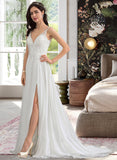 Mareli A-Line V-neck Sweep Train Chiffon Wedding Dress With Beading Sequins Split Front STAP0013806