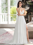 Mareli A-Line V-neck Sweep Train Chiffon Wedding Dress With Beading Sequins Split Front STAP0013806