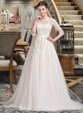 Miriam Ball-Gown/Princess V-neck Court Train Tulle Wedding Dress With Beading Appliques Lace Sequins Bow(s) STAP0013809