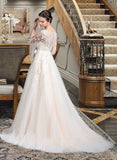 Miriam Ball-Gown/Princess V-neck Court Train Tulle Wedding Dress With Beading Appliques Lace Sequins Bow(s) STAP0013809