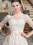 Miriam Ball-Gown/Princess V-neck Court Train Tulle Wedding Dress With Beading Appliques Lace Sequins Bow(s) STAP0013809