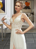 Adyson A-Line V-neck Floor-Length Wedding Dress With Lace Split Front STAP0013815