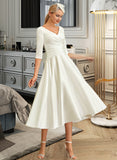 Emmy A-Line V-neck Tea-Length Satin Wedding Dress STAP0013817