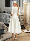 Emmy A-Line V-neck Tea-Length Satin Wedding Dress STAP0013817