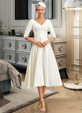 Emmy A-Line V-neck Tea-Length Satin Wedding Dress STAP0013817