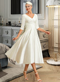 Emmy A-Line V-neck Tea-Length Satin Wedding Dress STAP0013817