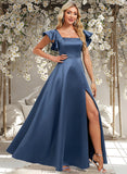 Londyn A-line Square Floor-Length Satin Bridesmaid Dress With Ruffle STAP0025774