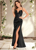 Ariel Trumpet/Mermaid V-Neck Floor-Length Satin Prom Dresses STAP0025862