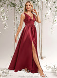 Norma A-line V-Neck Floor-Length Satin Bridesmaid Dress STAP0025775