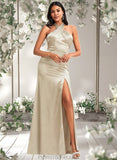 Marissa A-line Halter Floor-Length Stretch Satin Bridesmaid Dress STAP0025761