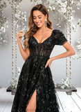 Shayla A-line V-Neck Sweep Train Floral Lace Prom Dresses With Sequins STAP0025869