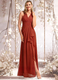 Seraphina A-line V-Neck Floor-Length Chiffon Bridesmaid Dress With Ruffle STAP0025754