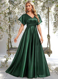 Karly A-line V-Neck Floor-Length Stretch Satin Bridesmaid Dress STAP0025782