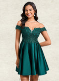 Mckenzie A-line Off the Shoulder Short Lace Satin Homecoming Dress With Rhinestone STAP0025718