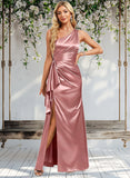 Salma A-line One Shoulder Floor-Length Stretch Satin Bridesmaid Dress With Ruffle STAP0025768