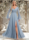 Georgia A-line V-Neck Floor-Length Chiffon Bridesmaid Dress STAP0025798