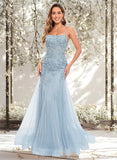 Genesis Trumpet/Mermaid Straight Sweep Train Tulle Prom Dresses With Flower STAP0025866