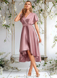 Kassidy A-line V-Neck Asymmetrical Stretch Satin Bridesmaid Dress STAP0025752