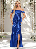 Roberta Trumpet/Mermaid Off the Shoulder Floor-Length Stretch Satin Bridesmaid Dress With Ruffle STAP0025800