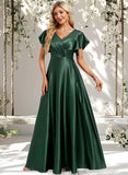 Sadie A-line V-Neck Floor-Length Stretch Satin Bridesmaid Dress With Ruffle STAP0025773