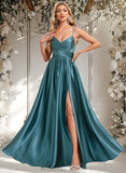 Shannon A-line V-Neck Floor-Length Stretch Satin Bridesmaid Dress STAP0025786