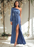 Janelle A-line One Shoulder Floor-Length Stretch Satin Bridesmaid Dress With Bow STAP0025730