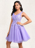 Janiah Ball-Gown/Princess V-Neck Short Lace Tulle Homecoming Dress With Flower STAP0025656