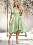 Cecilia A-line V-Neck Asymmetrical Satin Bridesmaid Dress With Ruffle STAP0025776