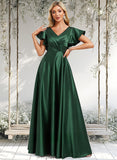 Kitty A-line V-Neck Floor-Length Satin Bridesmaid Dress With Ruffle STAP0025777